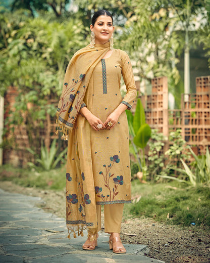 Golden Sands – Yellow Chiku Muga Cotton Suit with Peacock Grace