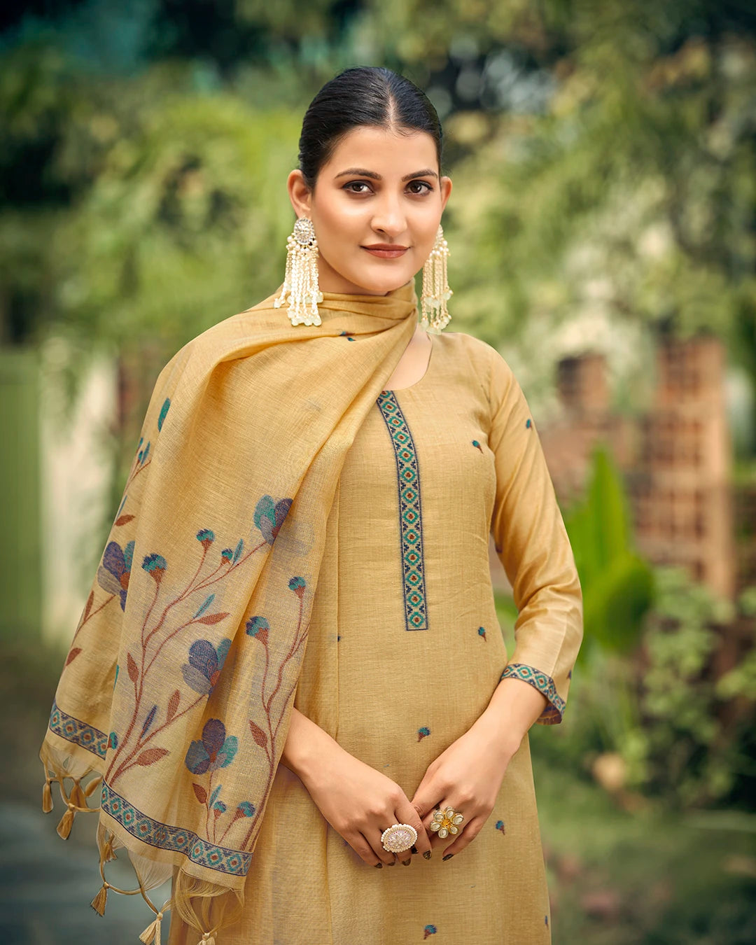 Golden Sands – Yellow Chiku Muga Cotton Suit with Peacock Grace