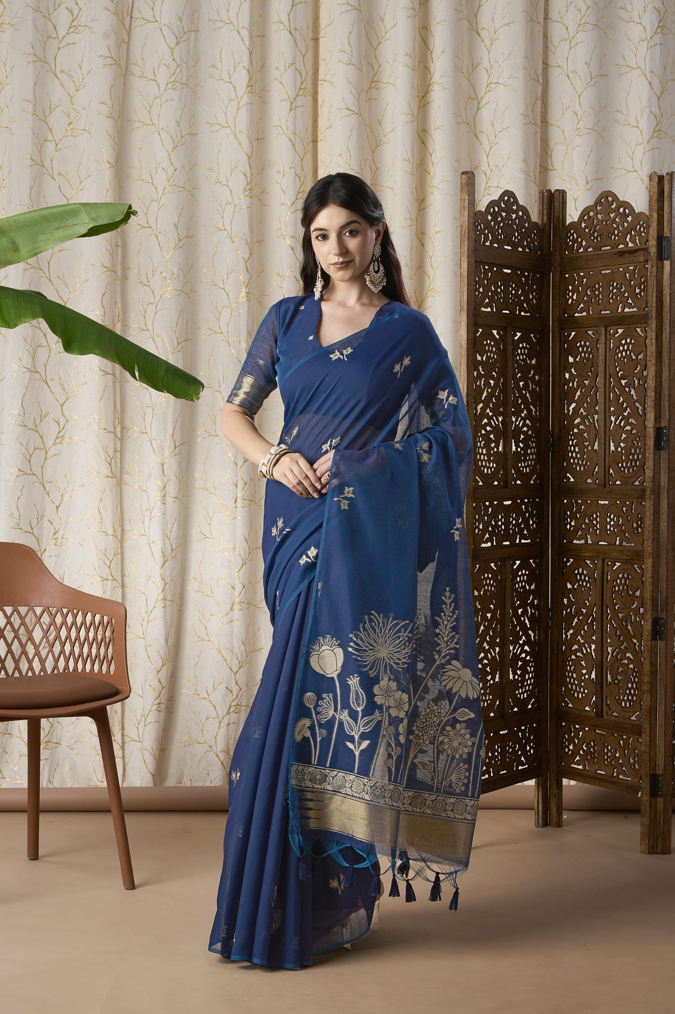 Indigo Blue Linen-Cotton Jamdani Saree with Floral Motifs