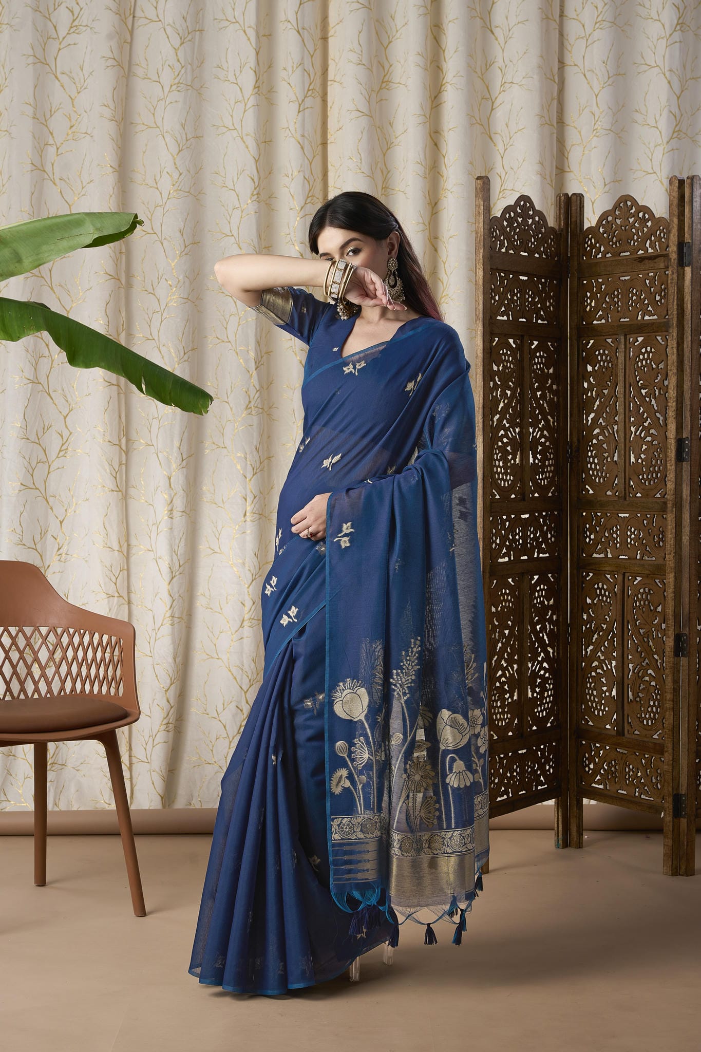 Indigo Blue Linen-Cotton Jamdani Saree with Floral Motifs