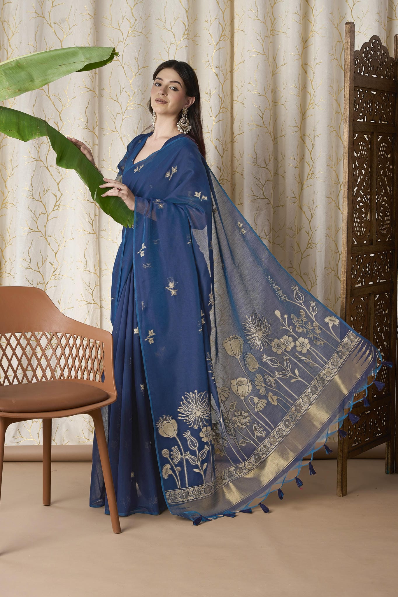 Indigo Blue Linen-Cotton Jamdani Saree with Floral Motifs