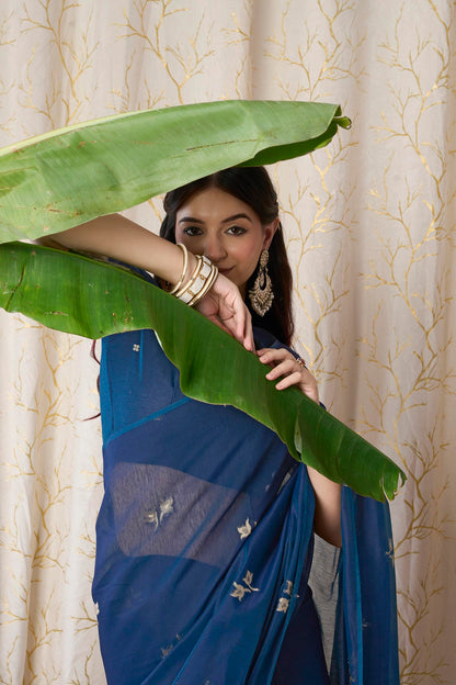 Indigo Blue Linen-Cotton Jamdani Saree with Floral Motifs