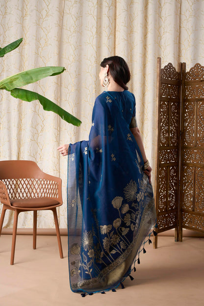 Indigo Blue Linen-Cotton Jamdani Saree with Floral Motifs