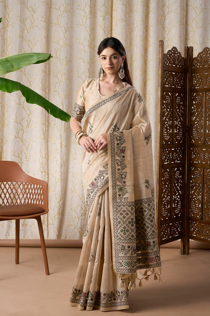 Beige Linen-Cotton Jamdani Saree with Ethnic Motifs and Jamdani Weave,resham Border And Pallu