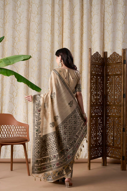 Beige Linen-Cotton Jamdani Saree with Ethnic Motifs and Jamdani Weave,resham Border And Pallu