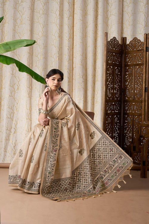 Beige Linen-Cotton Jamdani Saree with Ethnic Motifs