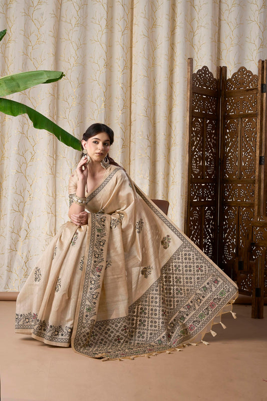 Beige Linen-Cotton Jamdani Saree with Ethnic Motifs