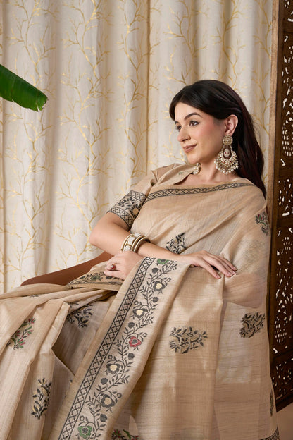 Beige Linen-Cotton Jamdani Saree with Ethnic Motifs and Jamdani Weave,resham Border And Pallu