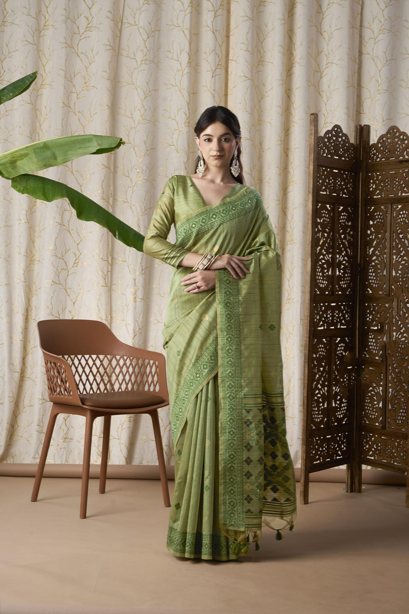 Olive Green Linen-Cotton Jamdani Saree with Woven Geometric Border