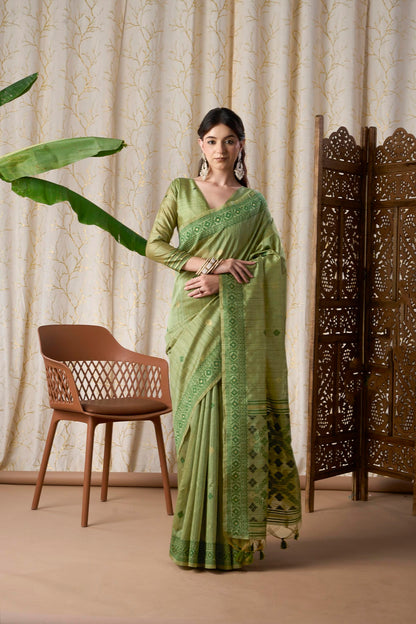 Sea Green Tassar Silk-Cotton Jamdani Saree with Woven Geometric Motifs