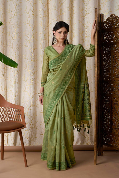 Olive Green Silk-Cotton Jamdani Saree with Woven Geometric Border