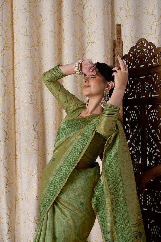 Olive Green Linen-Cotton Jamdani Saree with Woven Geometric Border