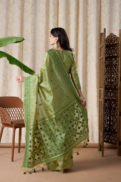 Olive Green Silk-Cotton Jamdani Saree with Woven Geometric Border