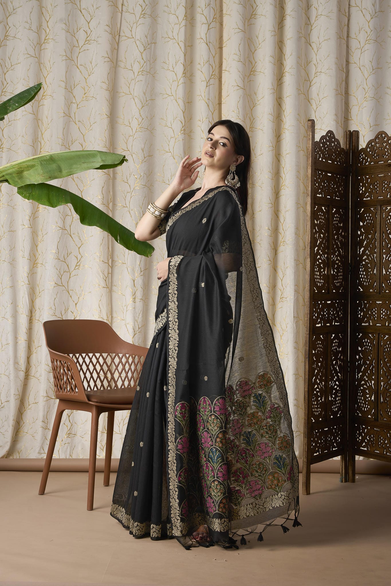 Midnight Black Jamdani Saree with Multicolor Floral Border