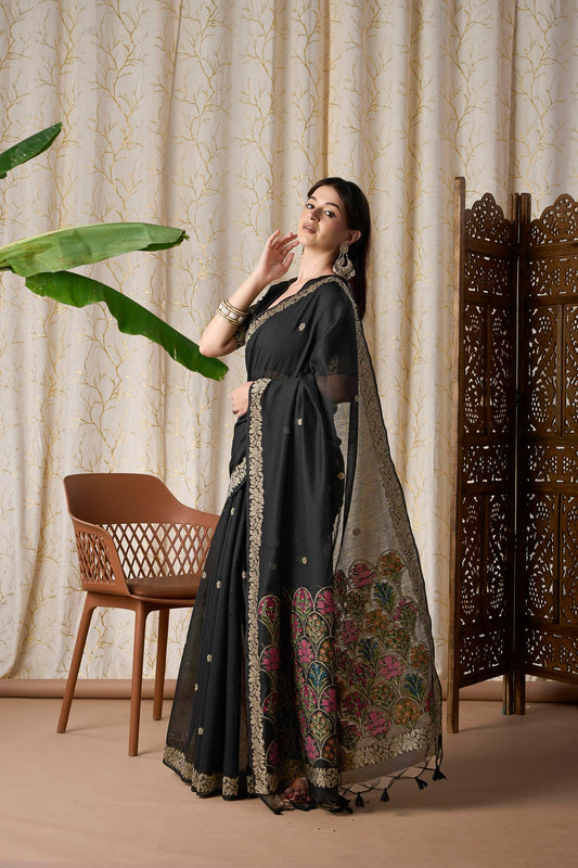Midnight Black Jamdani Saree with Multicolor Floral Border