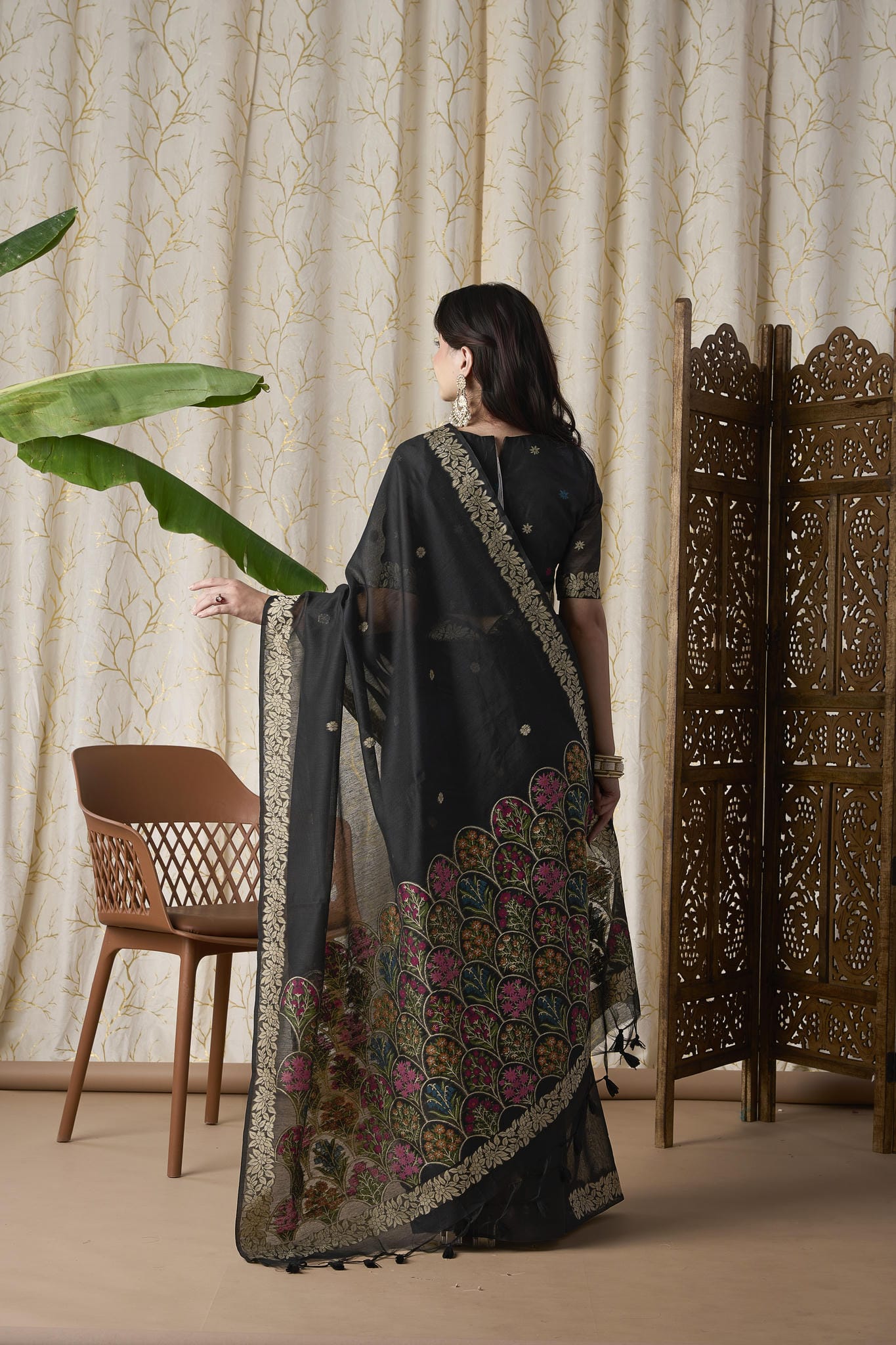 Midnight Black Jamdani Saree with Multicolor Floral Border