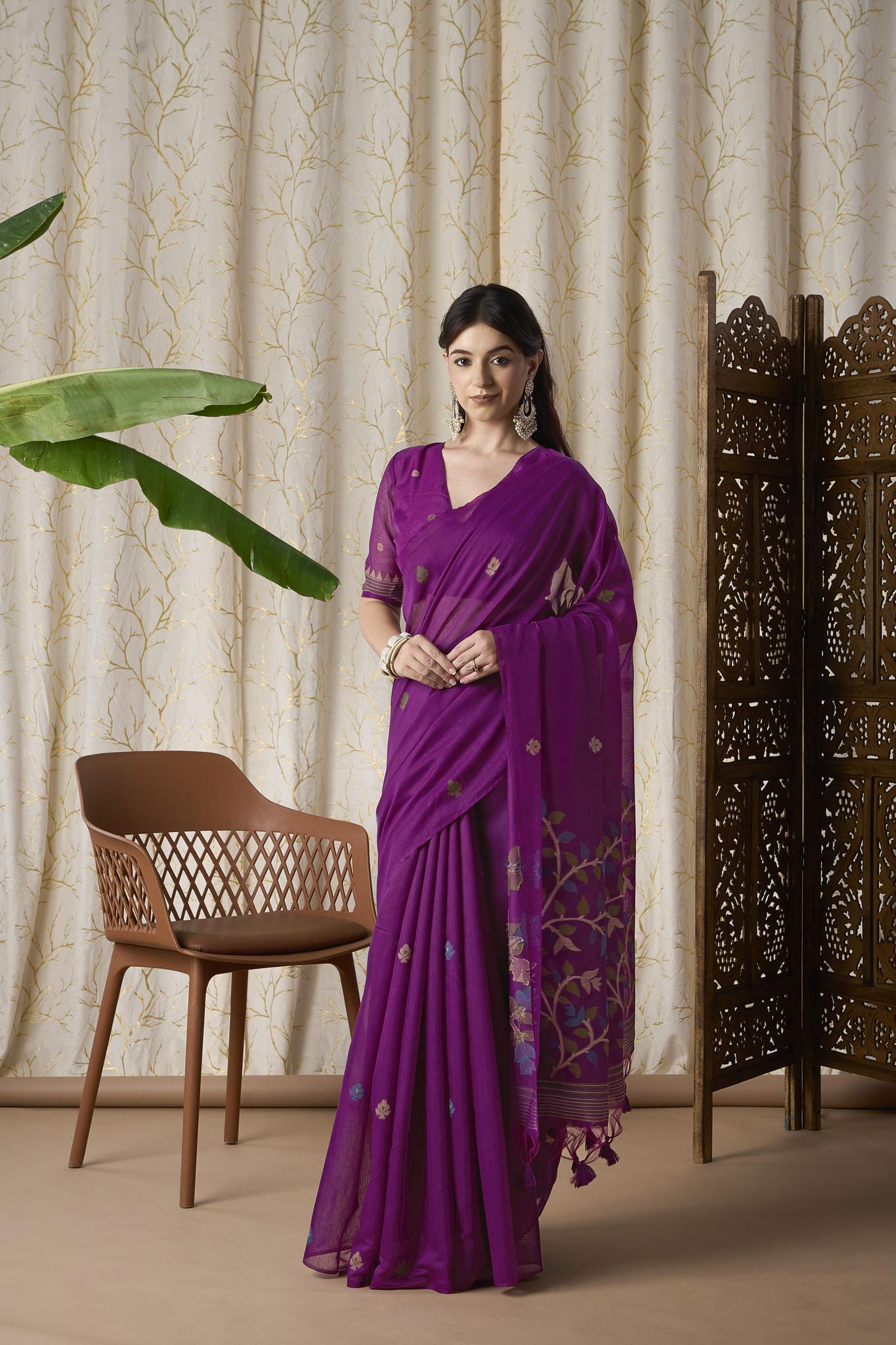 Royal Purple Linen-Cotton Jamdani Saree with Woven Motifs