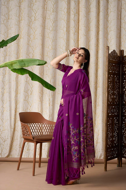 Rani Pink Muga-Cotton Jamdani Saree with Woven Floral Motifs