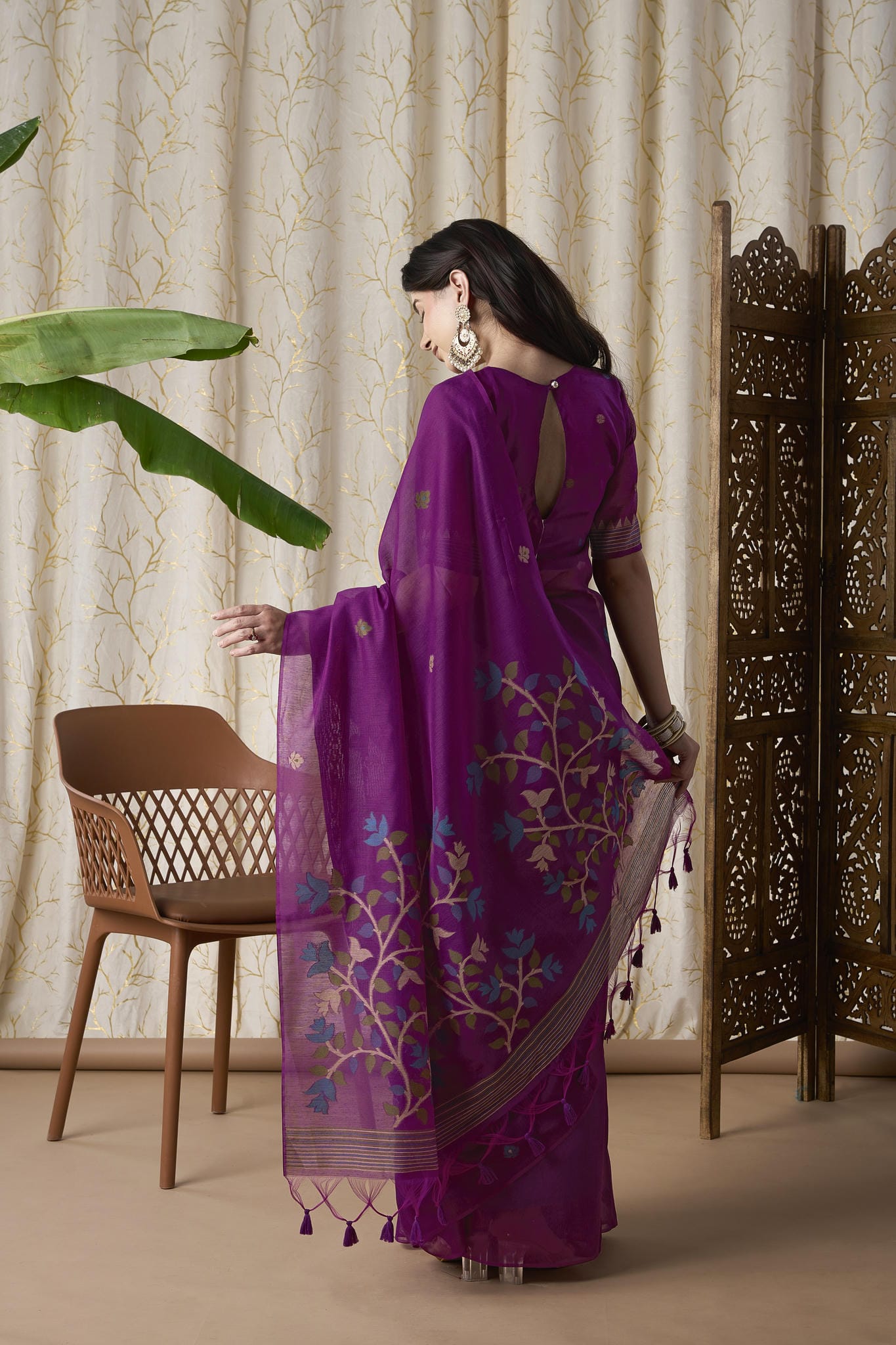 Royal Purple Linen-Cotton Jamdani Saree with Woven Motifs