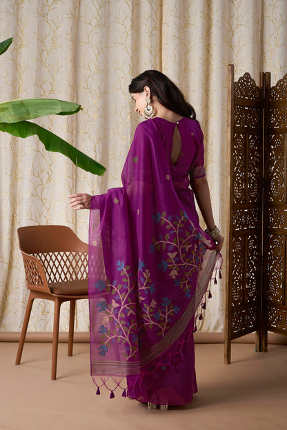 Royal Purple Muga-Cotton Jamdani Saree with Woven Motifs