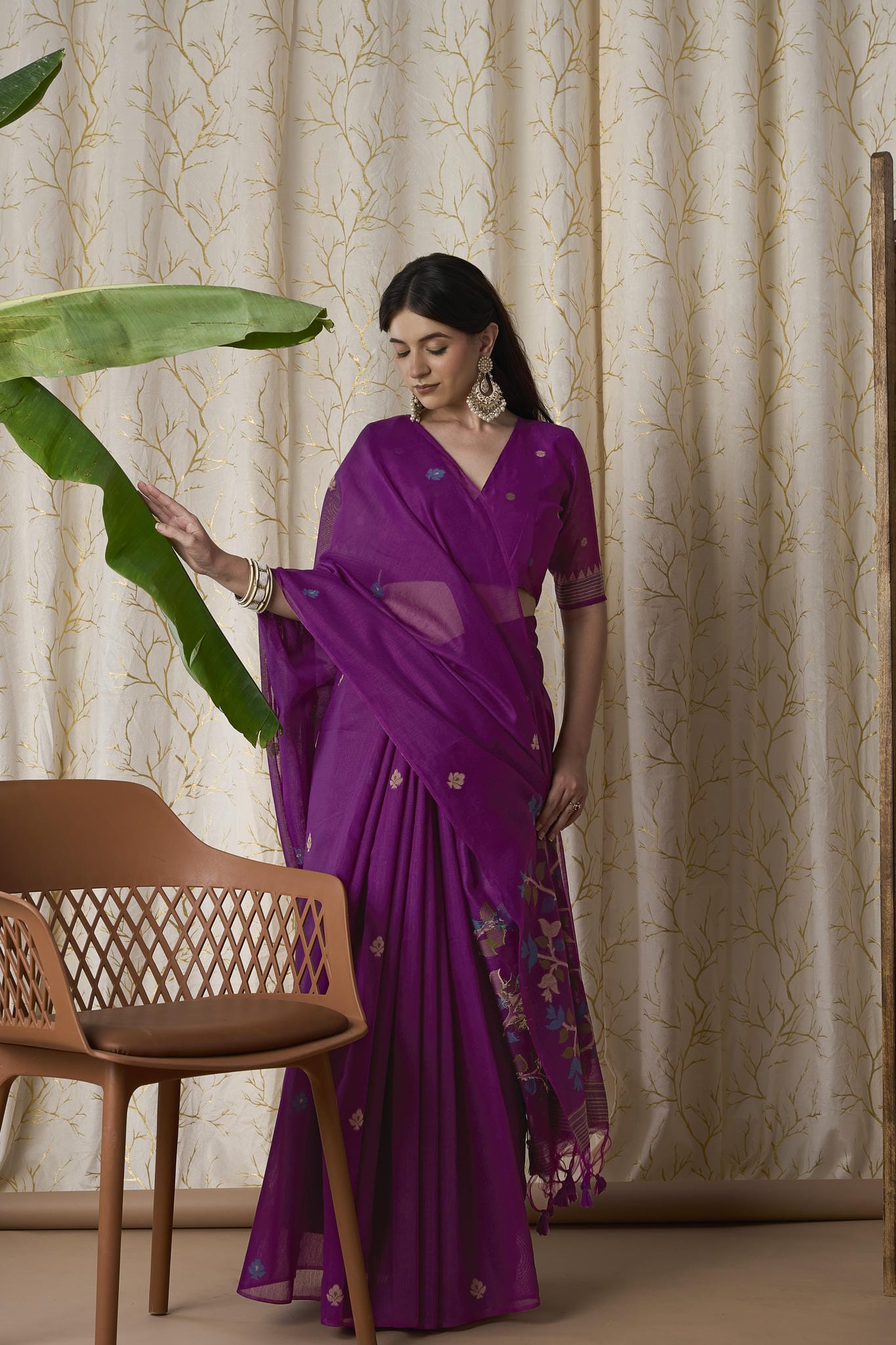Royal Purple Linen-Cotton Jamdani Saree with Woven Motifs