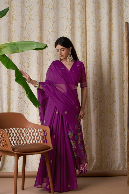 Royal Purple Muga-Cotton Jamdani Saree with Woven Motifs