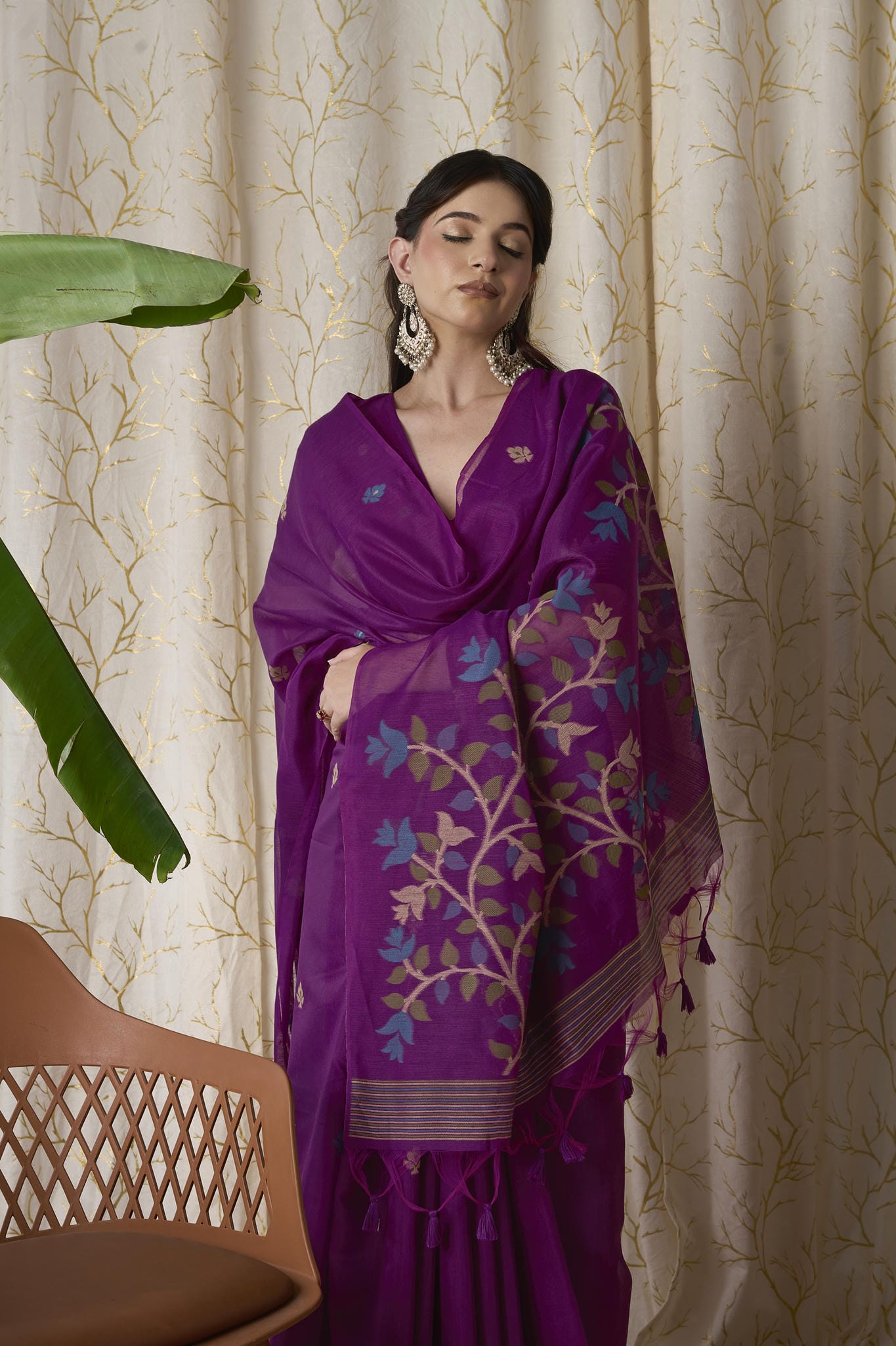 Royal Purple Linen-Cotton Jamdani Saree with Woven Motifs