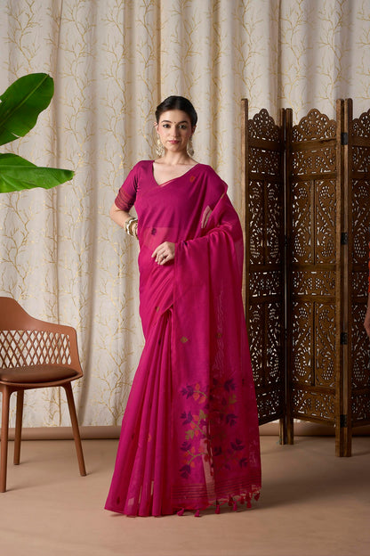 Rani Pink Muga-Cotton Jamdani Saree with Woven Floral Motifs