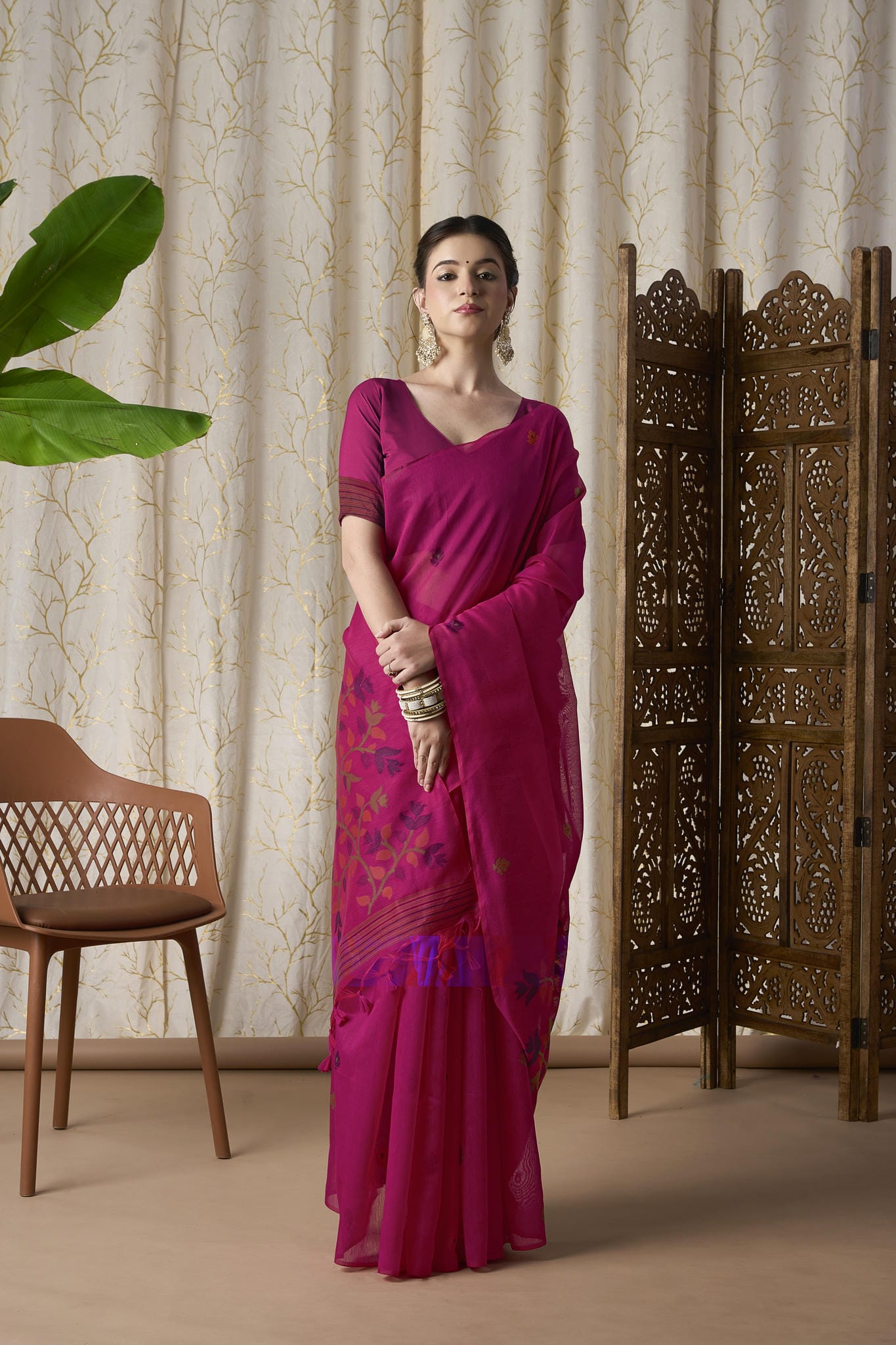 Rani Pink Linen-Cotton Jamdani Saree with Woven Floral Motifs