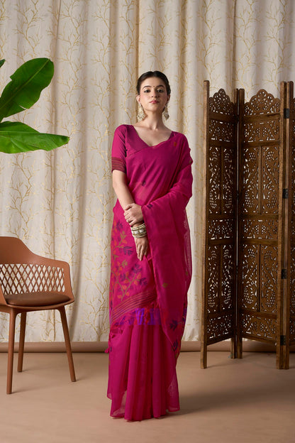 Rani Pink Muga-Cotton Jamdani Saree with Woven Floral Motifs