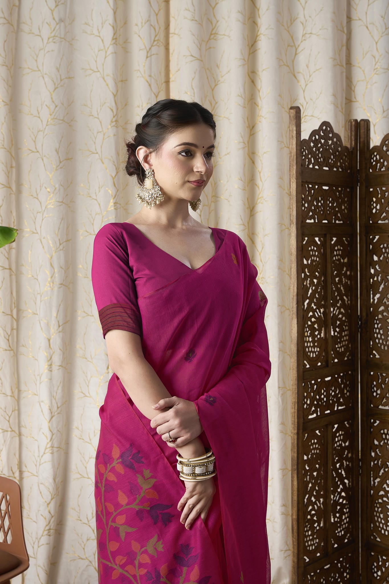 Rani Pink Linen-Cotton Jamdani Saree with Woven Floral Motifs