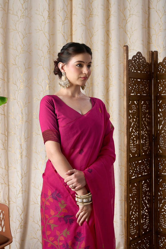 Rani Pink Linen-Cotton Jamdani Saree with Woven Floral Motifs