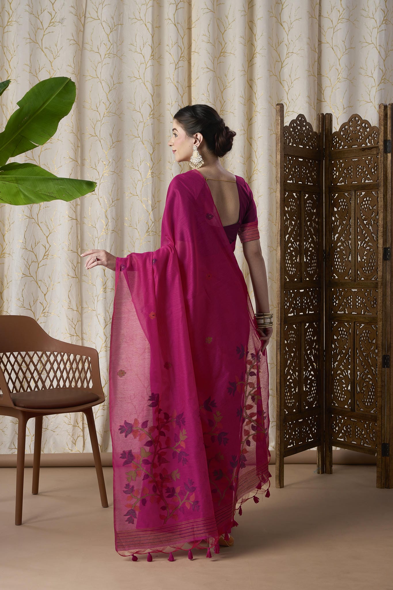 Rani Pink Linen-Cotton Jamdani Saree with Woven Floral Motifs