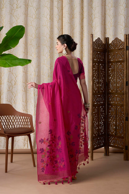 Rani Pink Muga-Cotton Jamdani Saree with Woven Floral Motifs