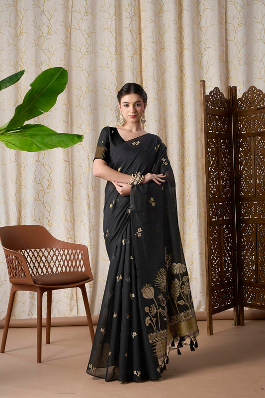 Midnight Black Linen-Cotton Jamdani Saree with Woven Pallu