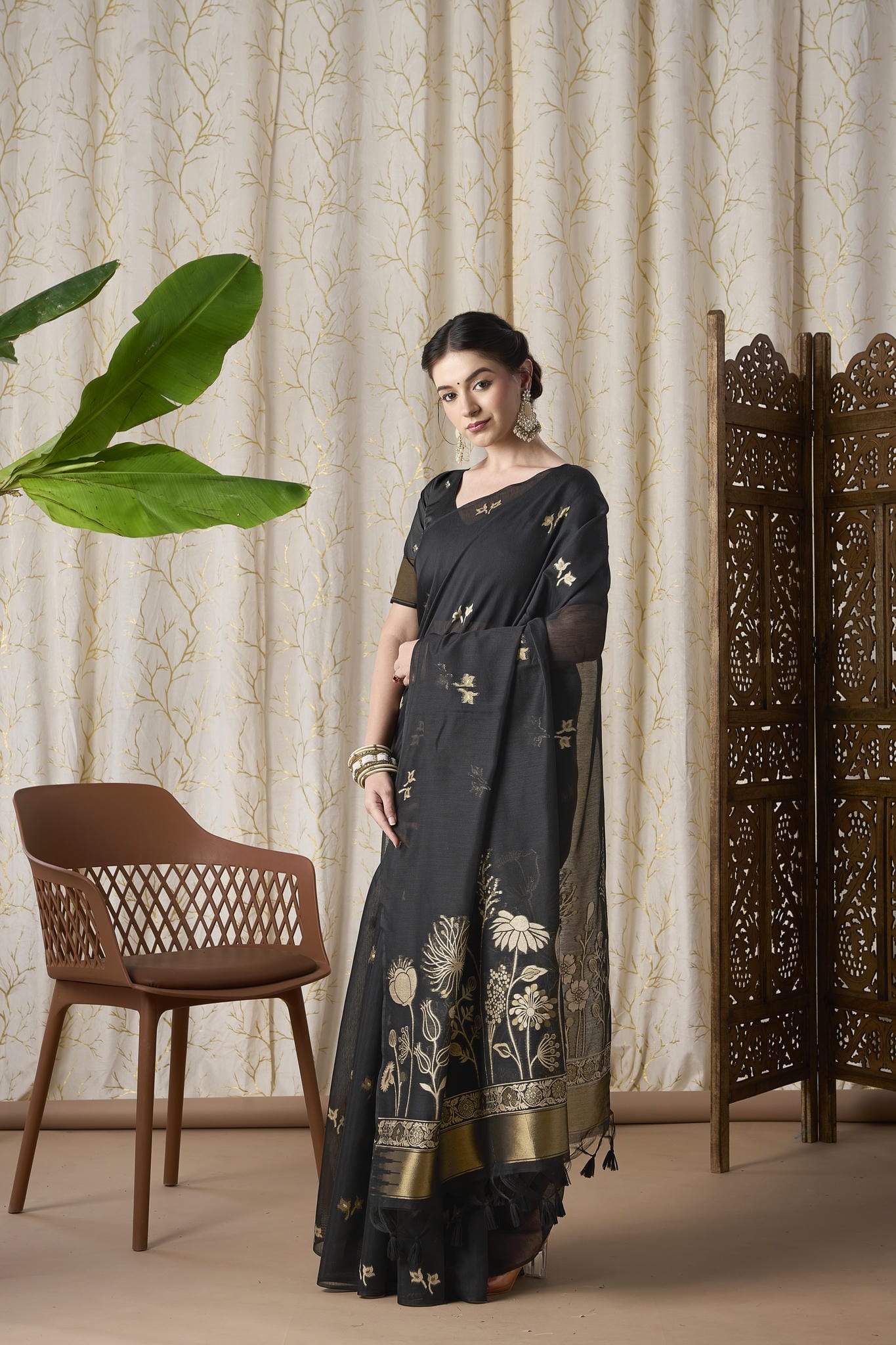 Midnight Black Linen-Cotton Jamdani Saree with Woven Pallu