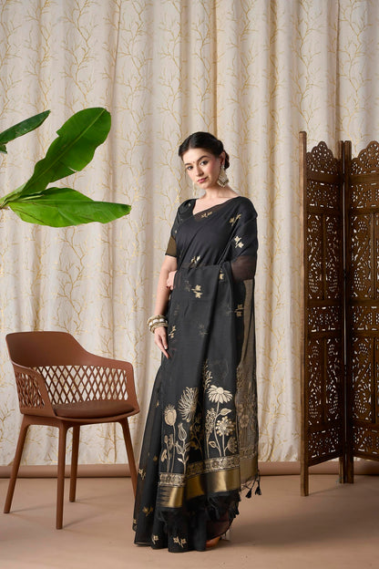 Midnight Black Muga-Cotton Jamdani Saree with Woven Pallu
