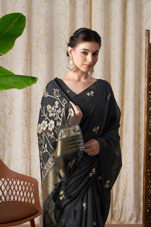 Midnight Black Muga-Cotton Jamdani Saree with Woven Pallu