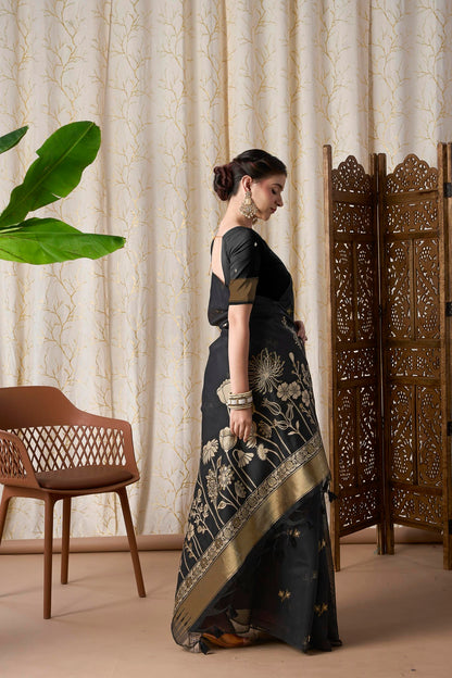 Midnight Black Muga-Cotton Jamdani Saree with Woven Pallu
