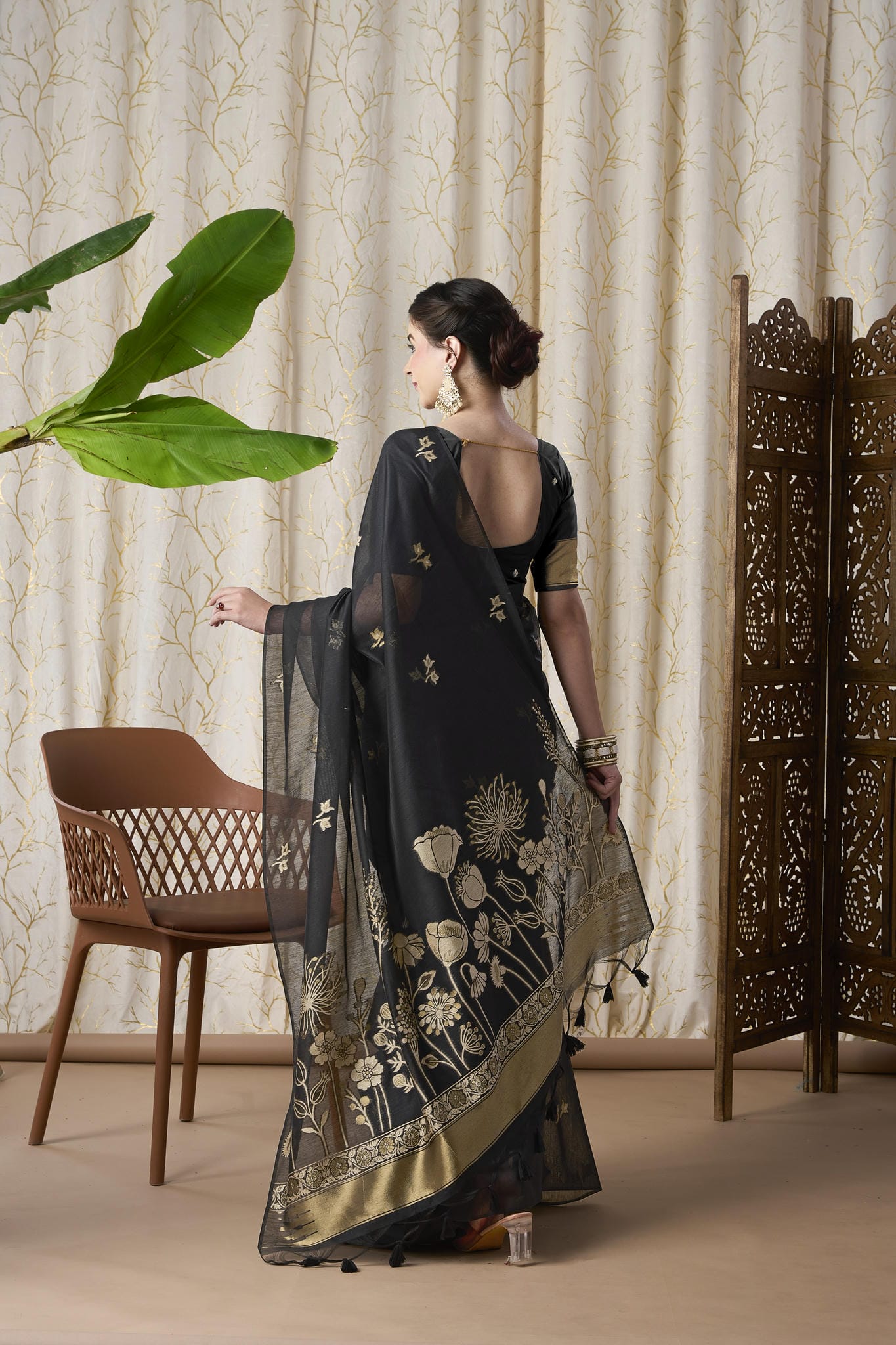 Midnight Black Linen-Cotton Jamdani Saree with Woven Pallu