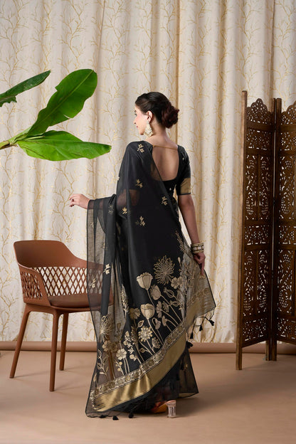 Midnight Black Muga-Cotton Jamdani Saree with Woven Pallu