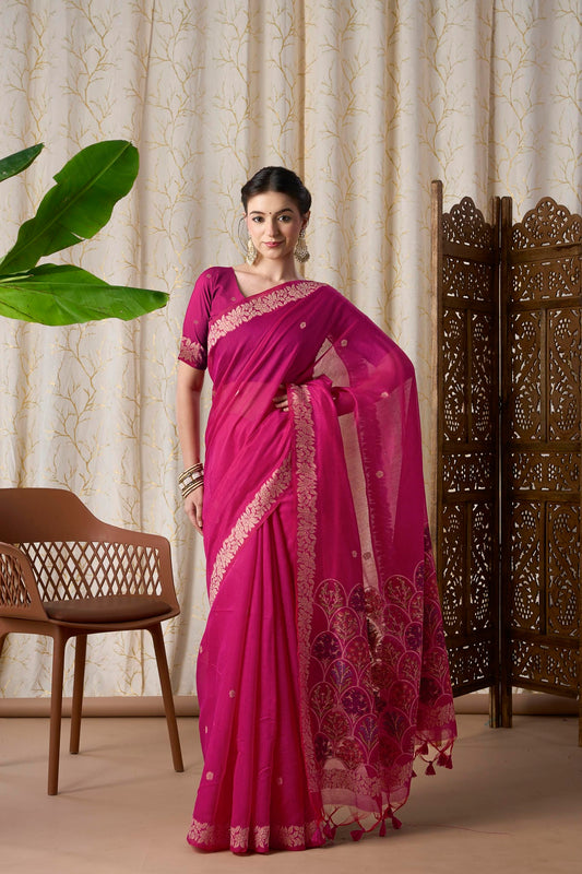Rani Pink Muga-Cotton Jamdani Saree with Woven Paisley Motifs and Jamdani Border With Multicolour Flower Pallu