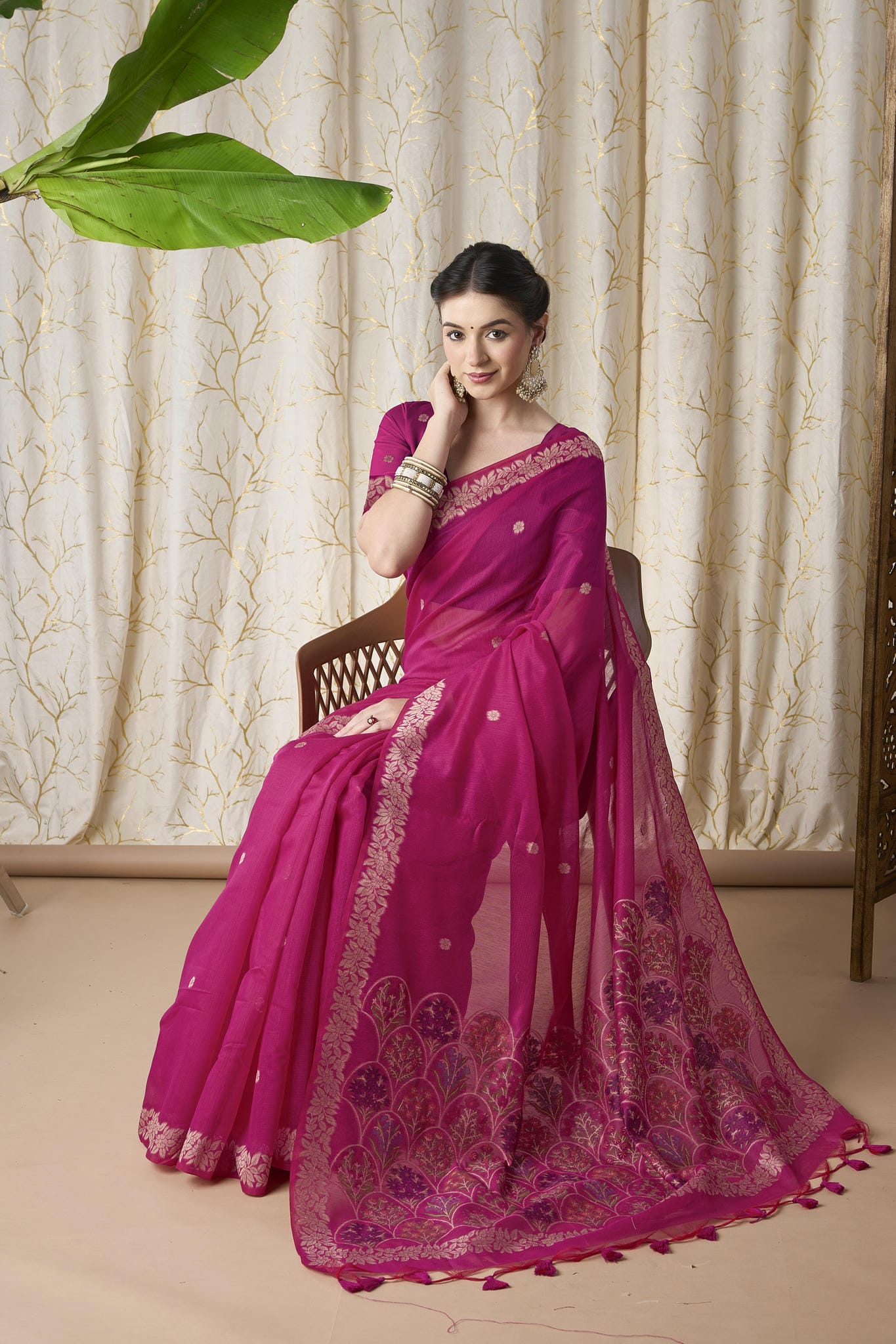 Rani Pink Linen-Cotton Jamdani Saree with Woven Paisley Motifs