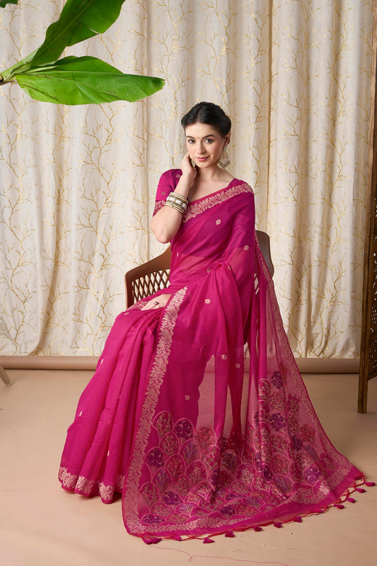 Rani Pink Linen-Cotton Jamdani Saree with Woven Paisley Motifs