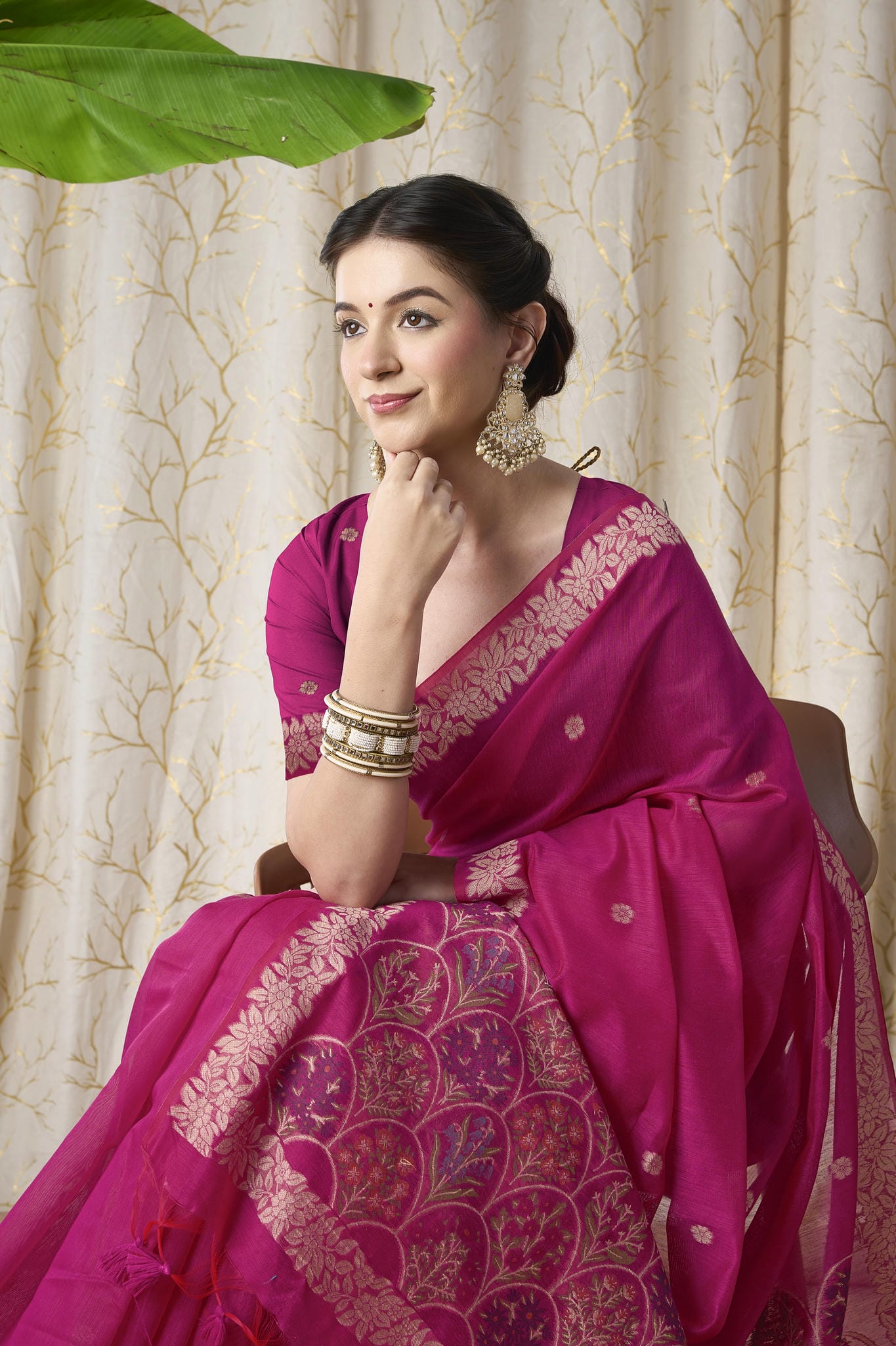 Rani Pink Linen-Cotton Jamdani Saree with Woven Paisley Motifs