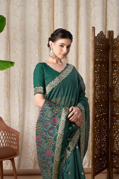 Royal Purple Muga-Cotton Jamdani Saree with Woven Jamdani Border With Multicolour Flower Pallu