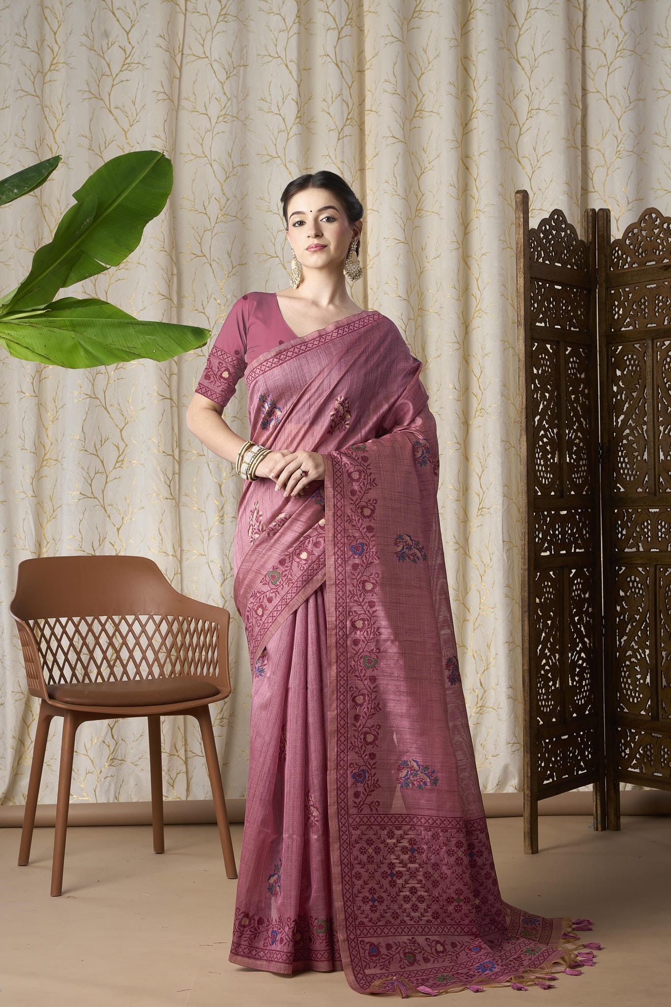 Dusty Rose Linen-Cotton Jamdani Saree with Ethnic Motifs