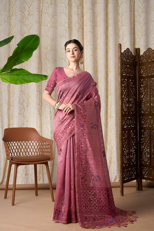 Dusty Rose Linen-Cotton Jamdani Saree with Ethnic Motifs