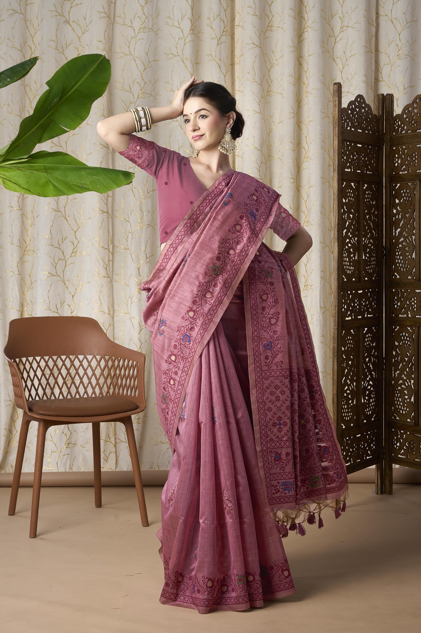 Dusty Rose Linen-Cotton Jamdani Saree with Ethnic Motifs