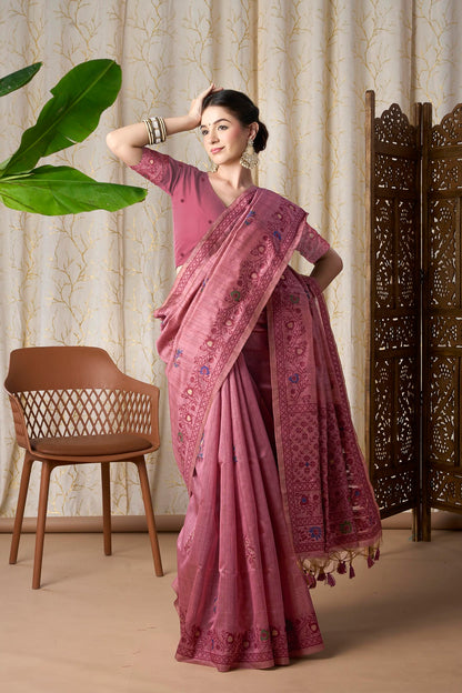 Dusty Rose Linen-Cotton Jamdani Saree with Ethnic Motifs and Jamdani Weave,resham Border And Pallu